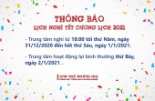 THÔNG BÁO LỊCH NGHỈ TẾT DƯƠNG LỊCH 2021